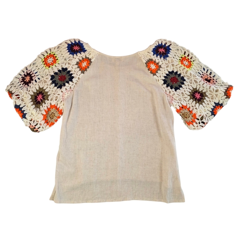 Umgee Linen Blend Boho Blouse Crochet Granny Square Puff Sleeve Women Small - Picture 7 of 9